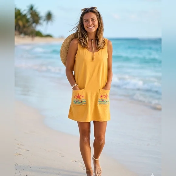 Vintage Summer Oasis Sunset Yellow Sleeveless Beach Dress with Embroidery Sz M - Picture 1 of 12
